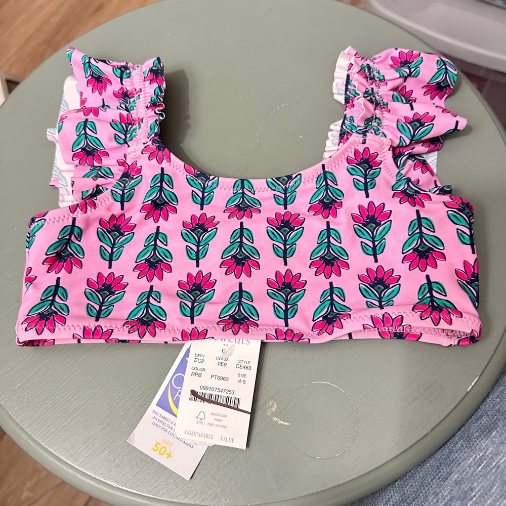 Crewcuts Girls Pink Floral‎ Ruffle Strap Bikini Swimsuit Top Size 4-5 Vacation